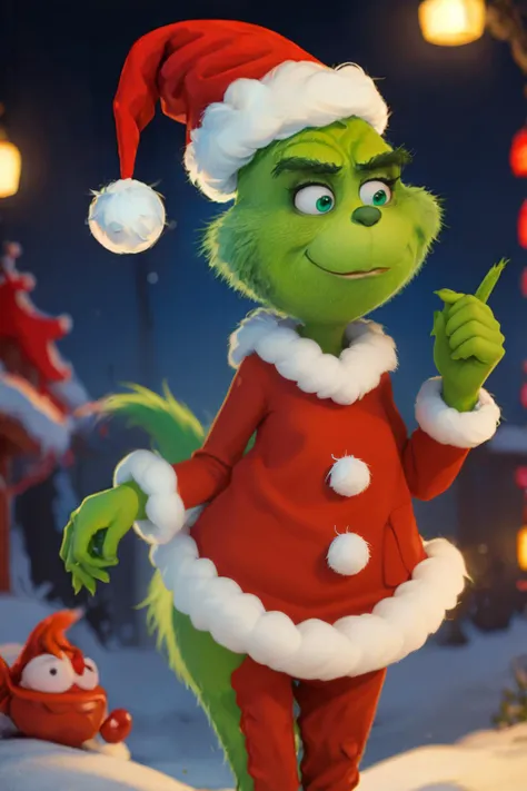 masterpiece, best quality, 8K RAW photo, film grain, bokeh, beauty, <lora:Grinch_v2:.8> Grinch, animal focus, santa hat, santa outfit <lora:EnvyCuteMix11:1>