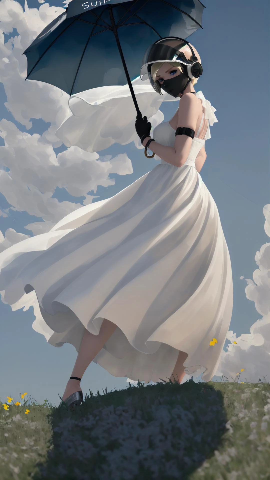 <lora:woman_with_a_parasol_parody:0.8> woman with a parasol holding umbrella, white dress, sundress, sun hat, distant, distance, <lora:iqr6-guy-v2:0.8> iqr6, 1girl, blonde hair, short hair, blue eyes, mask, helmet, face shield, holster, headphones, bracelet