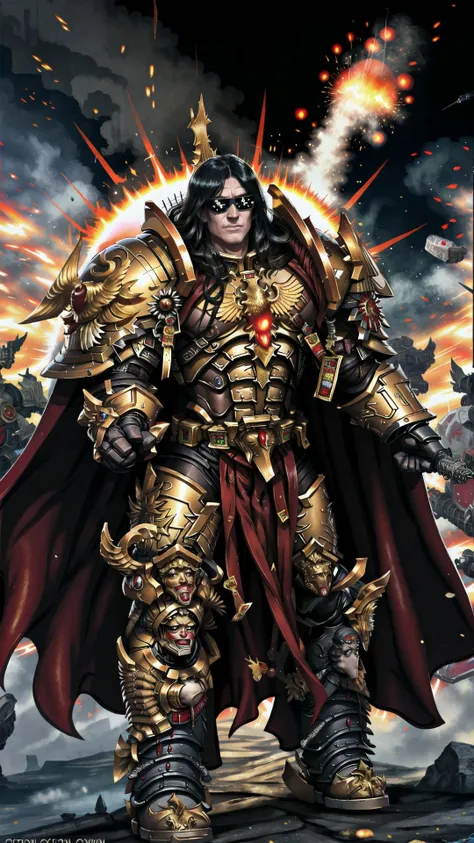 <lora:THE EMPEROR OF MANKIND - 40K - MK1 by CCARAXESS:0.8> emperor of man, warhammer 40k, 1boy, long hair, black hair, manly, golden armor, red cape, BREAK, <lora:DealWithIt2:1> (sunglasses, pixel, Deal With It:1.15), grin, BREAK, (explosion, fire, war in background:1.15)