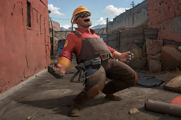 (masterpiece, best quality:1.2), highly detailed, <lora:WryyyyyPose:1> IncrsWryyyyy, wryyyyyyyyyyyyyyyyyyyy, (bended knees:0.75), screaming, 1man, <lora:engielorav1:0.8> tf2engie, redteam, goggles, hardhat, overalls, red shirt, single glove,