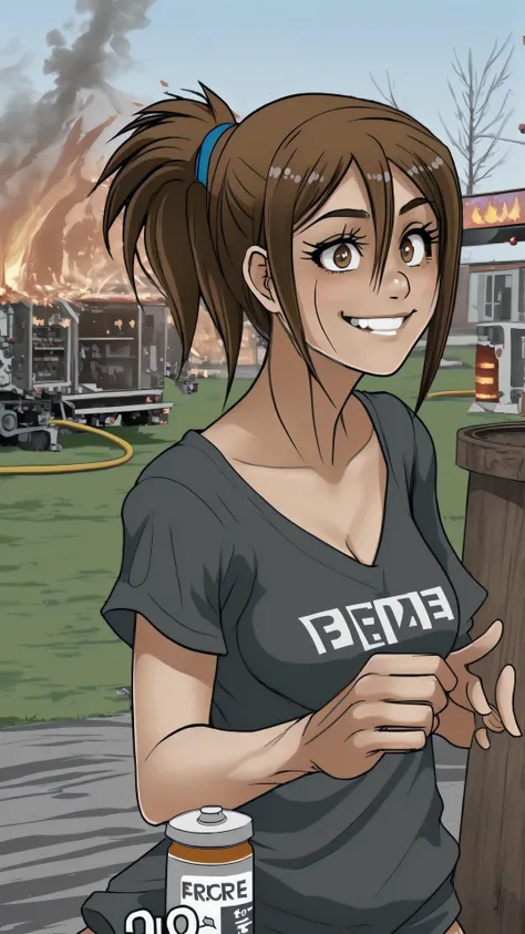 <lora:Erika:0.8> Erika, 1girl, jagoerika, messy hair, brown eyes, brown hair, ponytail, BREAK, <lora:DisasterGirlMeme:0.8> IncrsDisasterGirlMeme, fire, smoke, smile, outdoors