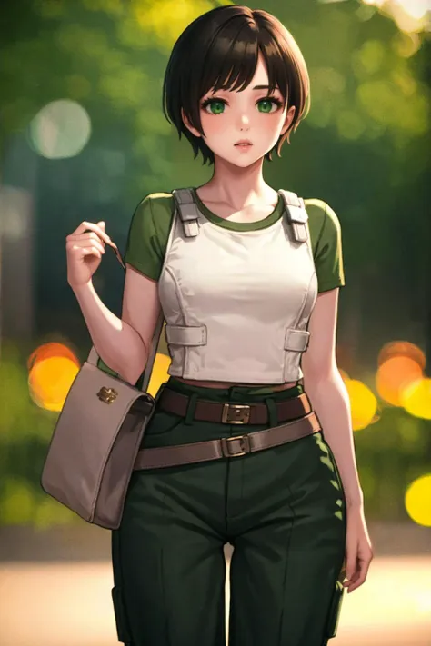 masterpiece, best quality, 8K RAW photo, film grain, bokeh, waist-up, <lora:rebeccachambers-nvwls-v1:.8> reRebecca, vest, green shirt, belt, pouch, green pants <lora:EnvyBeautyMix24:1>