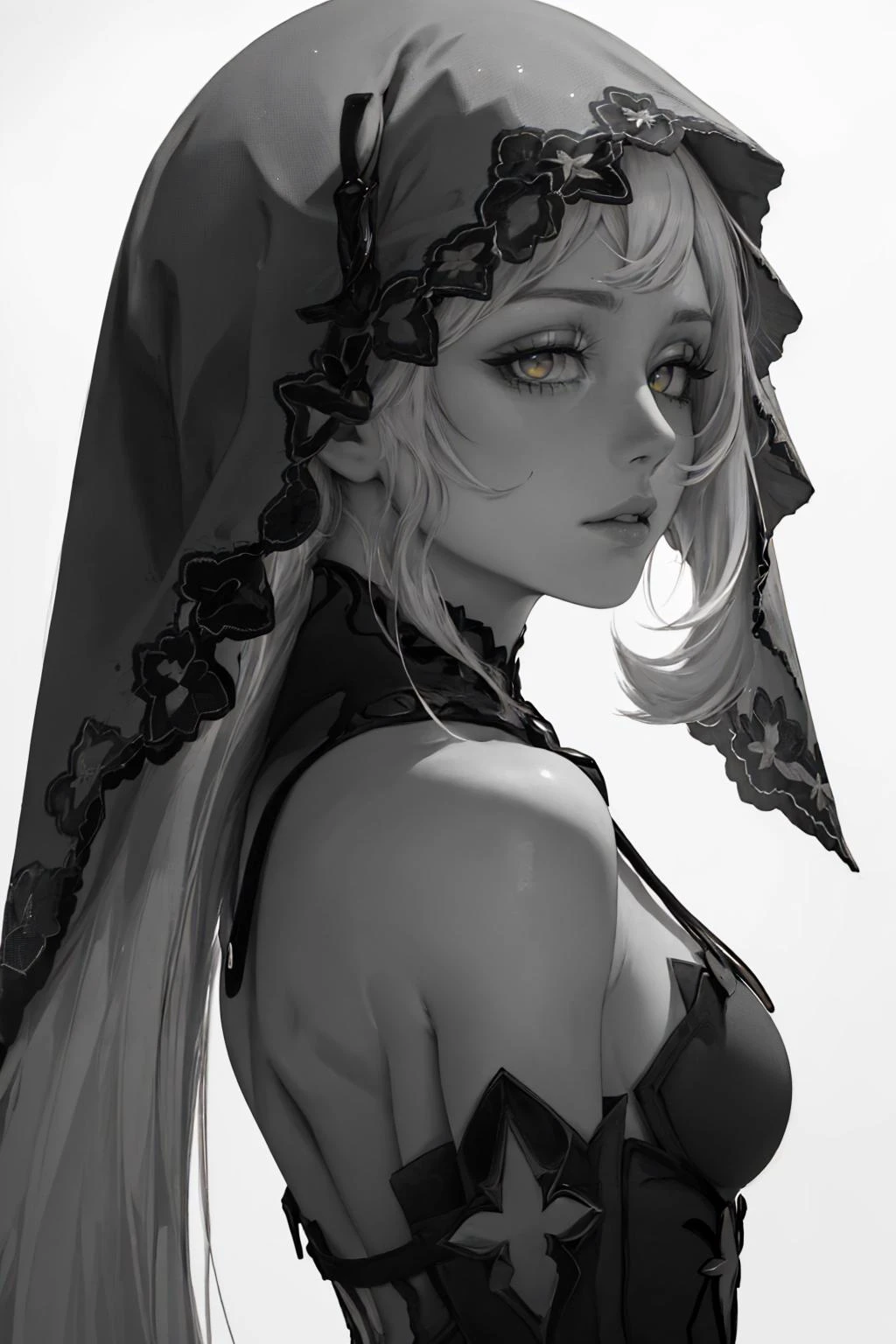 (masterpiece, best quality:1.2), highly detailed, RAW photo, white background, simple background, (monochrome, greyscale, desaturated:1.2), <lora:epi_noiseoffset2:1> 1girl, solo, upper body, medium shot, <lora:BlackSwan:0.8> veil, yellow eyes, long hair, elbow gloves, bare shoulders, dress, from side