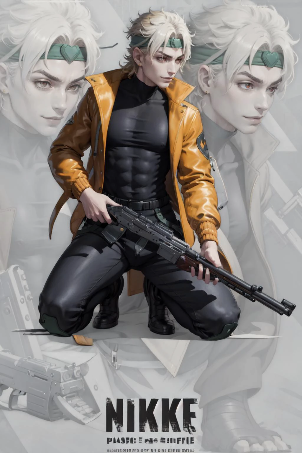 masterpiece, best quality, IncrsNikkeProfile, full body, zoom layer, holding weapon, holding gun, one knee, <lora:Pos_NikkeProfile:0.9>, dio, jacket, pants, headband, <lora:Char_Sigmas_Dio:0.9>, 1boy, smirk,