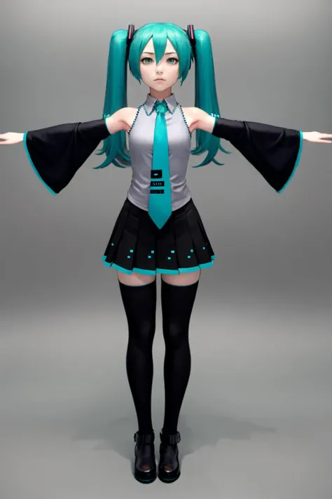 masterpiece, best quality, full body, solo, 1girl, hatsune miku, expressionless, TPose, outstretched arms, standing, twintails, sleeveless shirt, necktie, detached sleeves, black skirt, thighhighs, black footwear <lora:TPose:1>