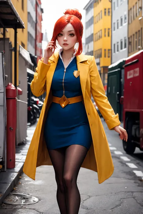 masterpiece, best quality, 8K RAW photo, film grain, bokeh, fashion <lora:ghosttrick_lynne-10:.8> lynne, yellow coat, blue dress, pantyhose, Copenhagen, Denmark