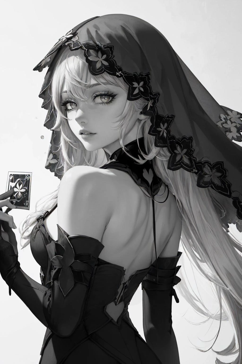 (masterpiece, best quality:1.2), highly detailed, RAW photo, white background, simple background, (monochrome, greyscale, desaturated:1.2), <lora:epi_noiseoffset2:1> 1girl, solo, holding cards, leaning to the side, <lora:BlackSwan:0.8> veil, yellow eyes, long hair, elbow gloves, bare shoulders, dress, looking at viewer,