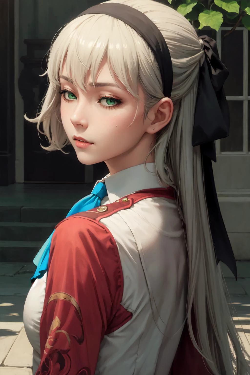 masterpiece, best quality, 1girl, solo, elie macdowell, green eyes, hairband, blue ascot, hair ribbon, <lora:Char_OC_ElieMacDowell:0.9>, from behind, looking at viewer, close-up, orange eyes, half-closed eyes, close-up,