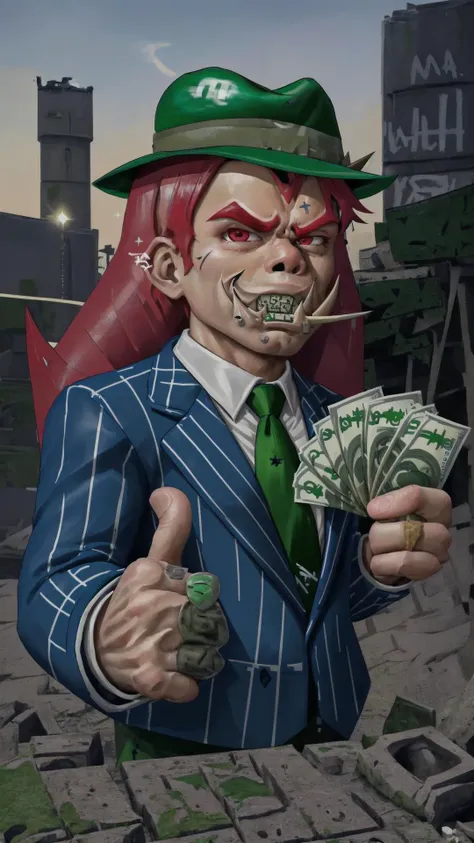 <lora:Ork_World:0.8> Ork World, weapon, outdoors, sky, no humans, graffiti, waaagh, white text, english text, BREAK, <lora:gangstersb:0.8> gangstersb, upper body, money, holding, holding money, thumbs up, hat, suit, jewelry, necktie