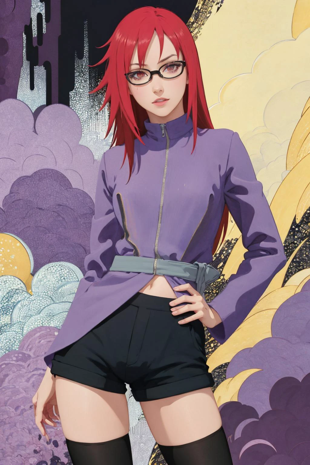 best quality, highly detailed, ertestyle, <lora:naruto_karinuzumaki-11:.8> karinuzumaki, glasses, purple jacket, long sleeves, shorts, thighhighs cowboy shot, contrapposto, <lora:Ertestyle:1> abstract background, looking at viewer,