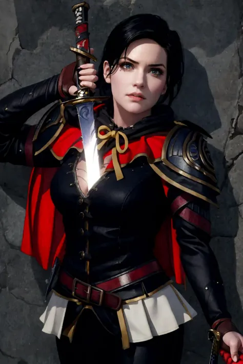 High Quality, Masterpiece, 1girl, <lora:Syanna:0.8> syanna, black suit, shoulder armor, long sleeves, gloves, short hair, black hair, red capelet, (booba sword:1.2), cleavage, sword, holding sword, electricity, <lora:Pos_BoobaSword:1>