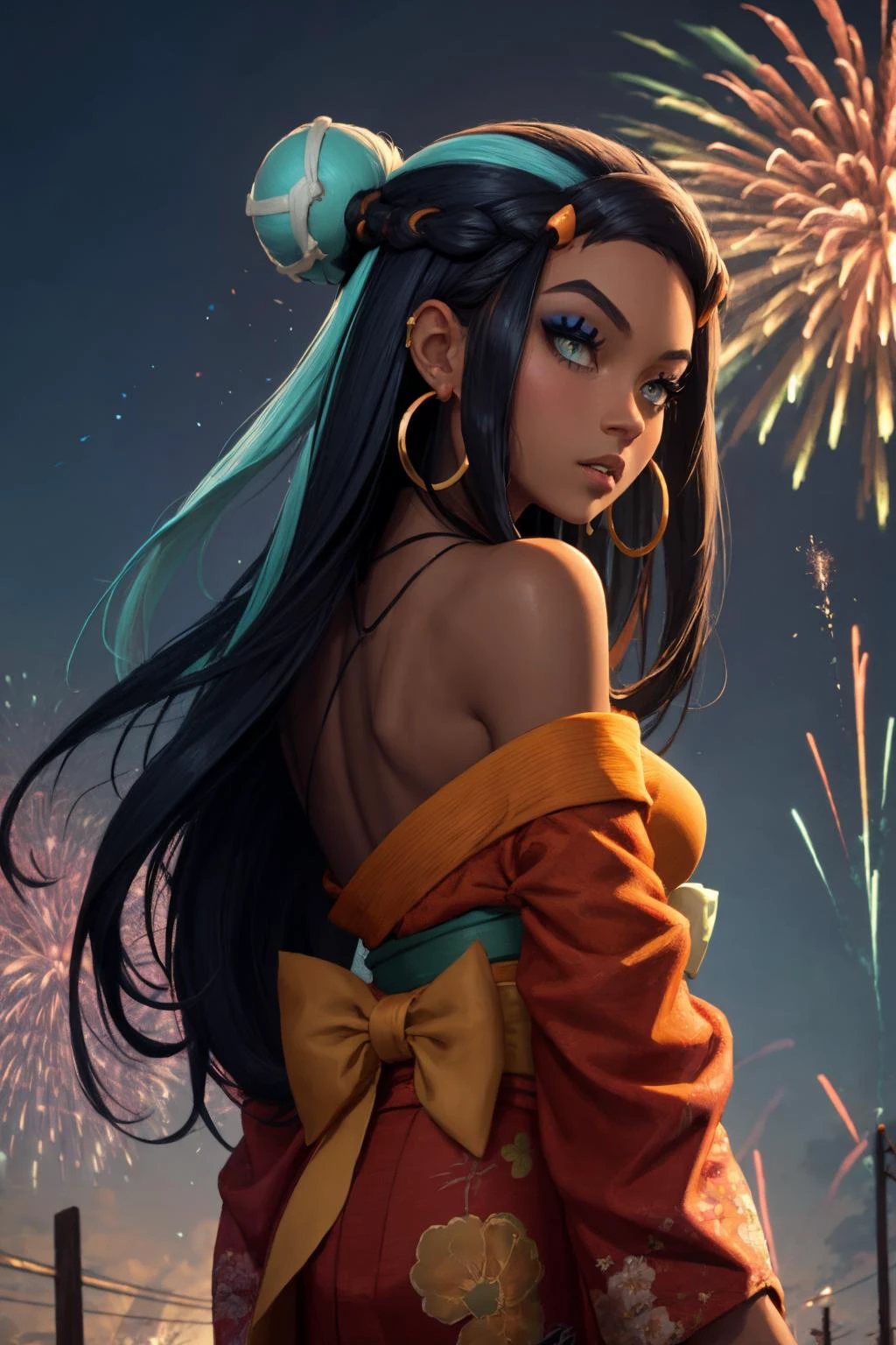 masterpiece, best quality, from behind, solo, 1girl, nessarnd, dark skin, makeup, parted lips, looking back, single hair bun, kimono, off shoulder, hoop earrings, bare shoulders, fireworks <lora:pokemon_nessa_v2-000009:1>