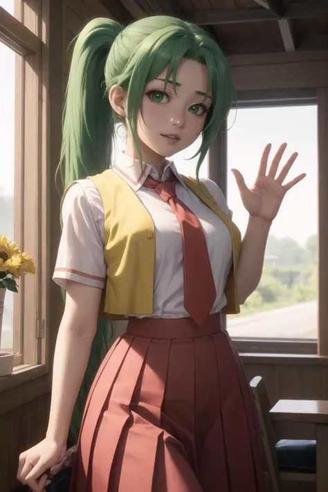 masterpiece, best quality, Mion Sonozaki, green eyes, ponytail, white shirt, red necktie, yellow vest, red skirt, <lora:MionFin:1>, waving