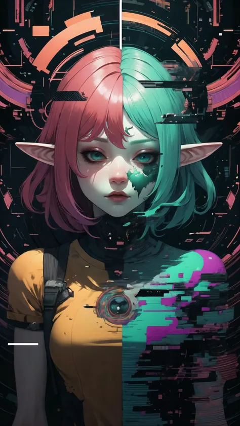 High Quality, Masterpiece, <lora:AnzhcDreamwave v3_1 watermark fix:1>, anzhcdreamwave, aesthetic, 8k unreal engine photorealism, ethereal lighting, purple, nighttime, darkness, surreal art, fantasy, glowing, Combine vibrant splashes of red, blue, yellow, and green, with swirling motions and color leaks to create an explosive and chaotic effect, broken glass, reflection, 1girl, elf, jewelry, upper body, (Glitching, glitch:1.2), <lora:Pos_Glitching:0.9>