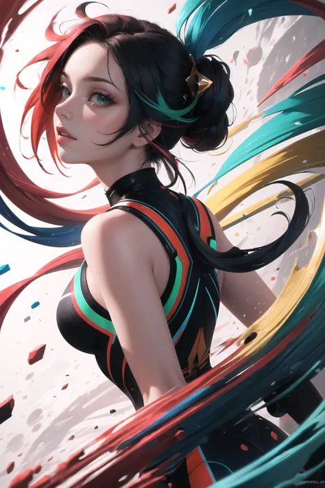 (masterpiece, best quality, 1girl, solo, intricate details, chromatic aberration), Combine vibrant splashes of red, blue, yellow, and green, with swirling motions and color leaks to create an explosive and chaotic effect,
