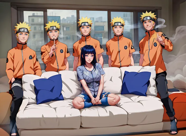 <lora:Shadow_clone-09:0.8> shadow clone, clone, ((smoke)), hand gesture, 5boys, 1girl , indoor, sofa, pillows, buildings full body, short blonde hair, orange and black clothes <lora:Naruto:0.7> uzumaki naruto <lora:hinataHyuugaLora_hinata:0.8> hinata, hyuuga hinata sits on sofa, dark blue hair