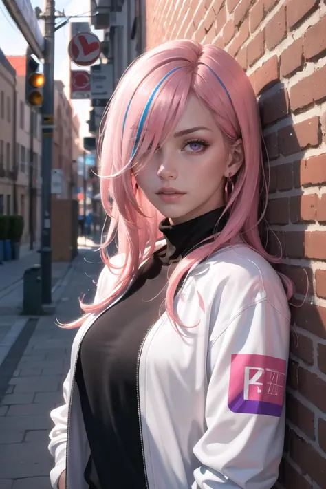 (masterpiece, best quality, 1girl, solo, intricate details, chromatic aberration), realistic, ((medium breath)),long hair, pink hair, red head ornament, pink highlights, hair over one eye,purple eyes, earrings, sharp eyes, choker, neon shirt, torn legwear, open jacket, turtleneck sweater, night,against wall, brick wall, graffiti, dim lighting, alley ,look at viewer, (photorealistic:1.5), (RAW photo, 8k uhd, film grain),