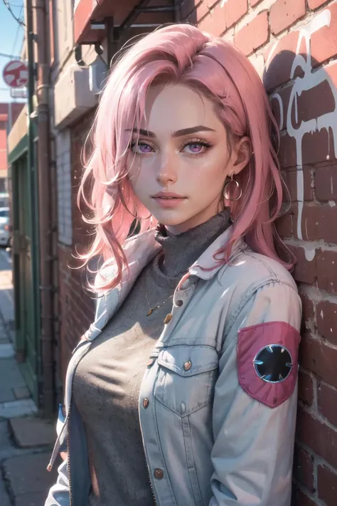(masterpiece, best quality, 1girl, solo, intricate details, chromatic aberration), realistic, ((medium breath)),long hair, pink hair, red head ornament, pink highlights, hair over one eye,purple eyes, earrings, sharp eyes, choker, neon shirt, torn legwear, open jacket, turtleneck sweater, night,against wall, brick wall, graffiti, dim lighting, alley ,look at viewer, (photorealistic:1.5), (RAW photo, 8k uhd, film grain), beautiful tkd_woman, perfect tkd_face, perfect tkd_body, <lora:Doll_Turkish:0.75>