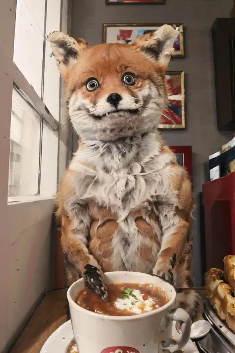 Highly detailed, High Quality, Masterpiece, beautiful, <lora:CursedTails:1>, no humans, animal, animal focus, food, simple background, elbows on table, cup, blurry background, indoors, upper body, <lora:Pos_AcrossTable:1>