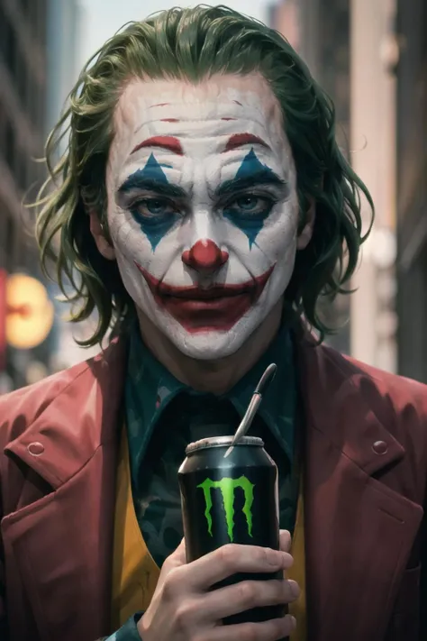 (masterpiece, best quality, solo, intricate details, chromatic aberration), realistic, The Joker, <lora:Char_Sigmas_Joker:0.7>, HoldingMonsterEnergy, <lora:Pos_HoldingMonsterEnergy:0.5>