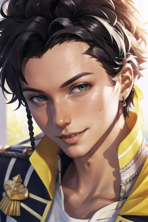 (masterpiece, best quality, solo, intricate details, chromatic aberration), realistic, ClaudePre, <lora:Char_FireEmblem_Claude:0.9>, smile,