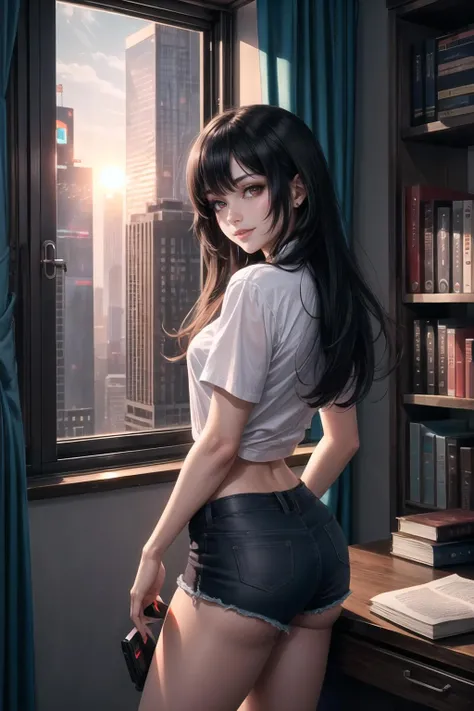 Highly detailed, High Quality, Masterpiece, beautiful, 1girl, solo, seductive smile, <lora:Other_MoreDetails:0.5>, cozy room, view of city, (cyberpunk:1.2), neon lights, book shelf, windows, sunset, (skyscrapers:1.2), skyline, mega city, loft, modern, hands behind back, black hair, long hair, red eyes, shirt, white shirt, shorts, short shorts, black shorts,
