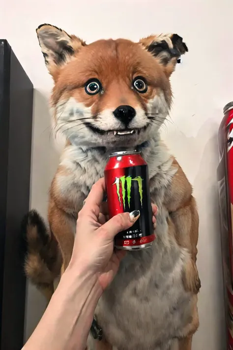 Highly detailed, High Quality, Masterpiece, beautiful,  <lora:CursedTails:1>, no humans, animal, animal focus, HoldingMonsterEnergy, <lora:Pos_HoldingMonsterEnergy:0.5>, holding