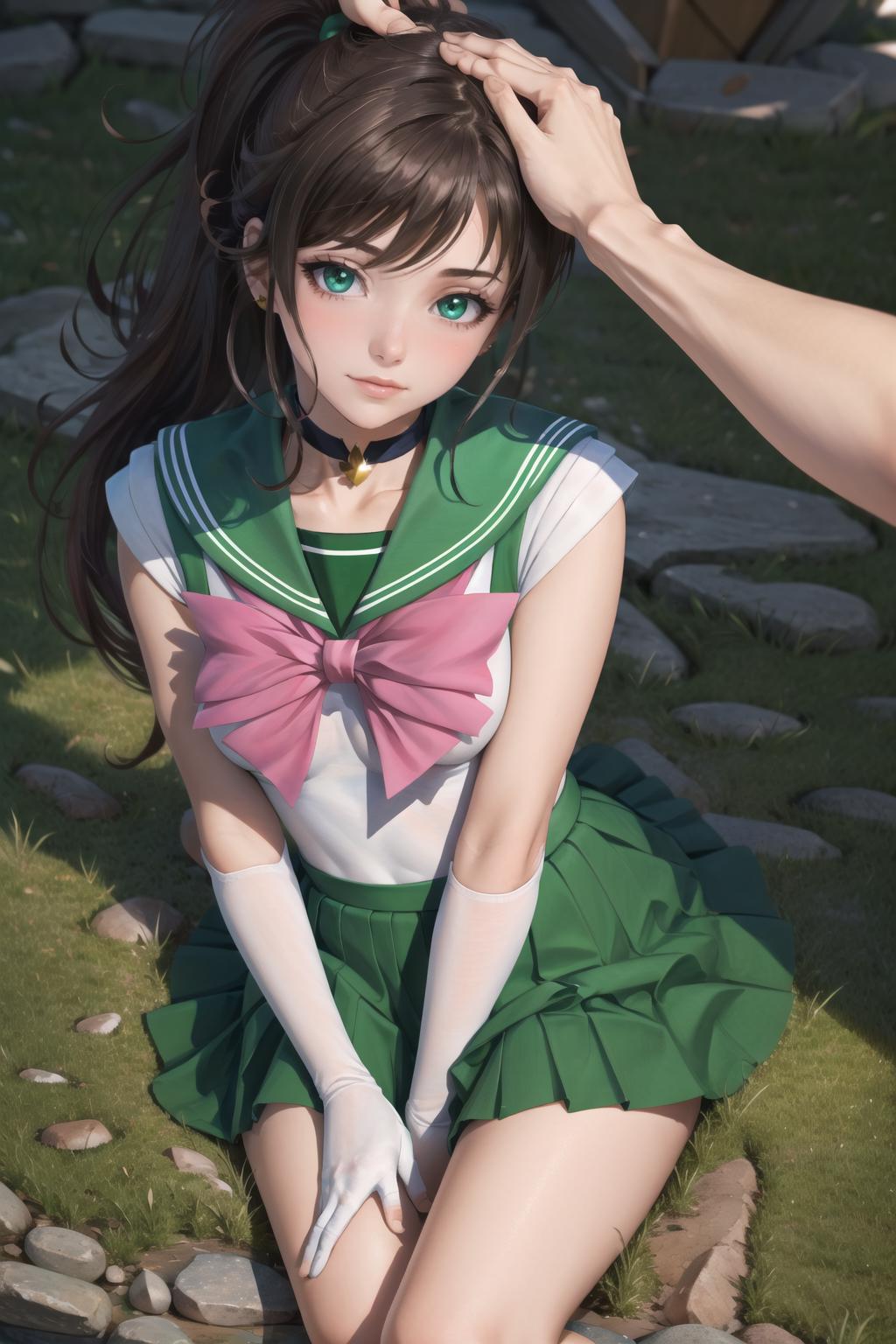 Anime girl in green and white dress sitting on rocks with a man - SeaArt AI