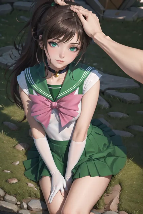 Anime girl in green and white dress sitting on rocks with a man - SeaArt AI