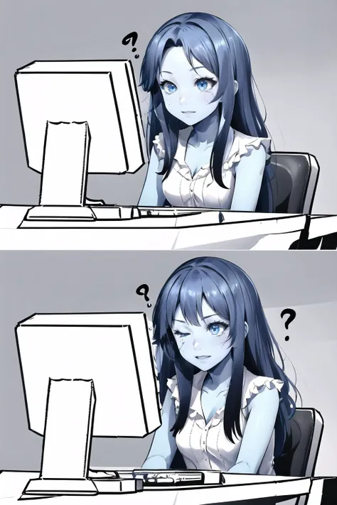 Highly detailed, High Quality, Masterpiece, beautiful, a 2koma of a girl sitting confused at a computer, <lora:Pos_ConfusedGirlsAtComputers:1>, Ranni, wavy hair, blue skin, cracked skin, extra arms, dress, <lora:Char_EldenRing_Ranni:0.9>