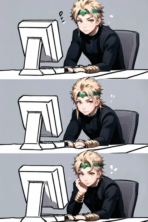 Highly detailed, High Quality, Masterpiece, beautiful, a 2koma of a boy sitting confused at a computer, <lora:Pos_ConfusedGirlsAtComputers:1>, 1boy, dio, jacket, headband, <lora:Char_Sigmas_Dio:0.9>