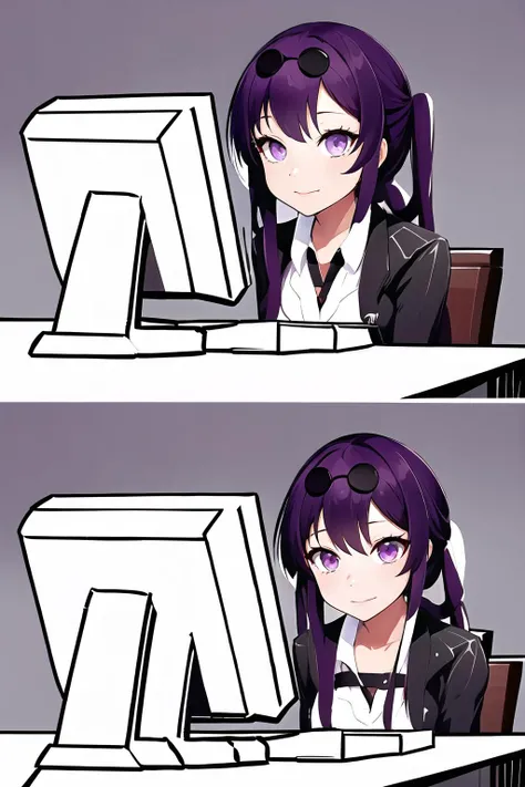 Highly detailed, High Quality, Masterpiece, beautiful, a 2koma of a girl sitting confused at a computer, <lora:Pos_ConfusedGirlsAtComputers:1>, Kafka, purple eyes, jacket, <lora:Char_HonkaiStarRail_Kafka:1>