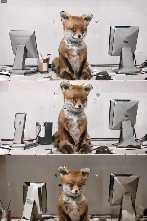 Highly detailed, High Quality, Masterpiece, beautiful, a 2koma of a animal sitting confused at a computer, <lora:Pos_ConfusedGirlsAtComputers:1>, TailsTheFox, animal, animal focus, no humans, <lora:Char_Sonic_CursedTails:1>