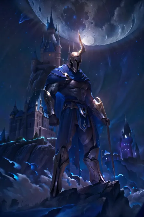 Highly detailed, High Quality, Masterpiece, beautiful, pant, <lora:Char_LoL_Pantheon:0.9>, cloud, moon, Hogwarts, (castle hill:1.4), night sky, stand on street, shooting star, (strong pose:1.4), 1man, <lora:Other_MoreDetails:0.5>