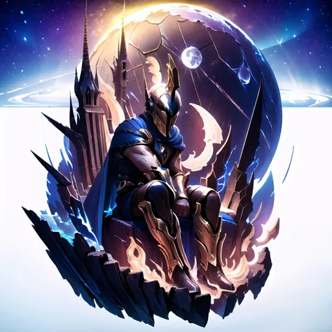 Highly detailed, High Quality, Masterpiece, beautiful, pant, <lora:Char_LoL_Pantheon:1>, 1boy, solo, bonfire, sitting under the broken wall, sky, detailed moon, light particles, butterflies, night, starry sky, [(white background:1.5),::5] hexagon, mid shot, full body, <lora:Style_GachaSplashArt:1>, helmet,