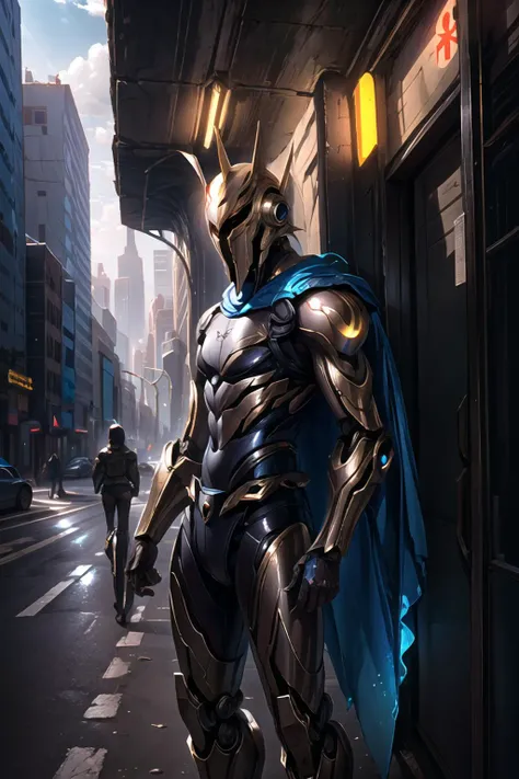 Highly detailed, High Quality, Masterpiece, beautiful, pant, <lora:Char_LoL_Pantheon:0.9>, 1boy, solo, helmet, mecha, mecha_musume, cyborg, city, cyberpunk, <lora:Looks_MechaMusume:0.4>, <lora:Other_MoreDetails:0.5>