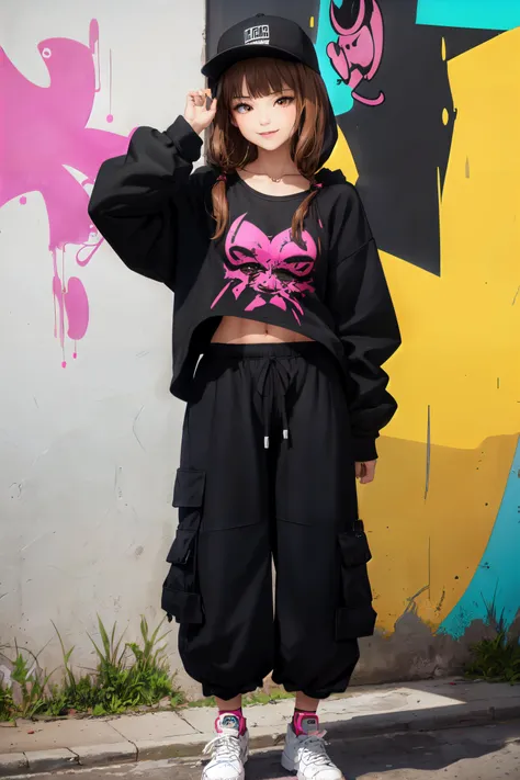 masterpiece, best quality, absurdres, perfect anatomy, kslw_iino, collarbone, small breasts, urban and street style, graffiti-inspired colors, cool and edgy attire, baggy pants, oversized hoodie, stylish sneakers, fashionable accessories, hip hop jewelry, confident expression, graffiti walls, energetic and vibrant atmosphere, smile, <lora:kslw_iino:1>