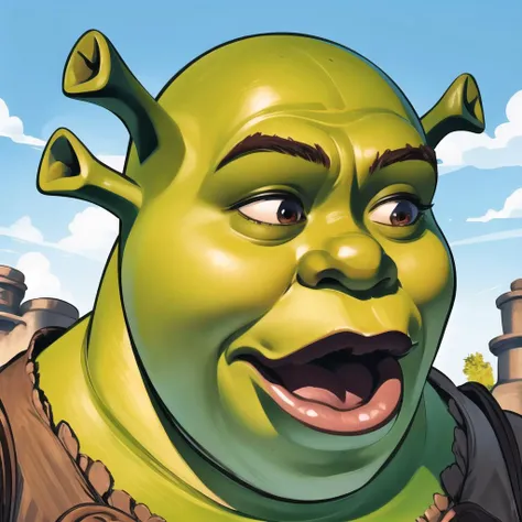 Highly detailed, High Quality, Masterpiece, beautiful, 1boy, solo, shrex, green skin, ogre, shrek, <lora:Char_Sigmas_Shrek:0.9>, Pog, <lora:Pos_Pog:1>, open mouth,
