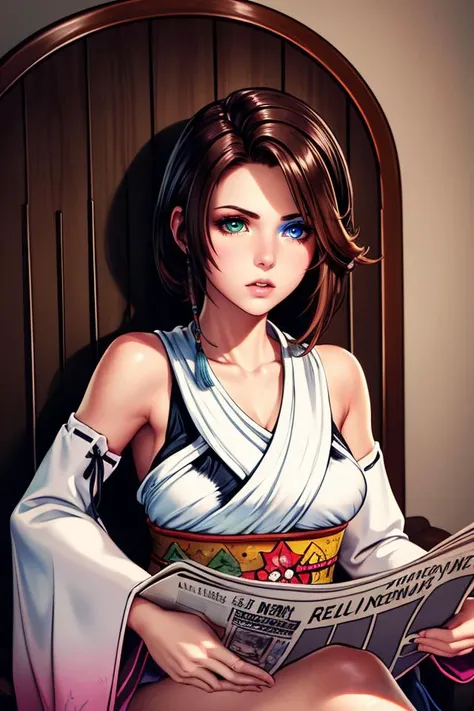 Highly detailed, High Quality, Masterpiece, beautiful, TomReadingTheNewspaper, <lora:TomReadingTheNewspaper:1>, 1girl, YunaX, brown hair, heterochromia, beautiful eyes, kimono, hakama <lora:Yuna:.8> <lora:GoodHands-beta2> <lora:add_detail:.5>