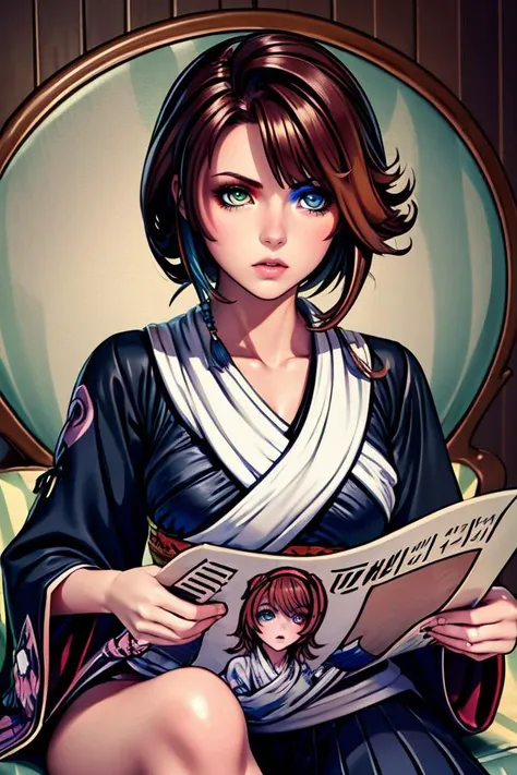 Highly detailed, High Quality, Masterpiece, beautiful, TomReadingTheNewspaper, <lora:TomReadingTheNewspaper:1>, 1girl, YunaX, brown hair, heterochromia, beautiful eyes, kimono, hakama <lora:Yuna:.8> <lora:GoodHands-beta2> <lora:add_detail:.5> <lora:EnvyBeautyMix14:.5>