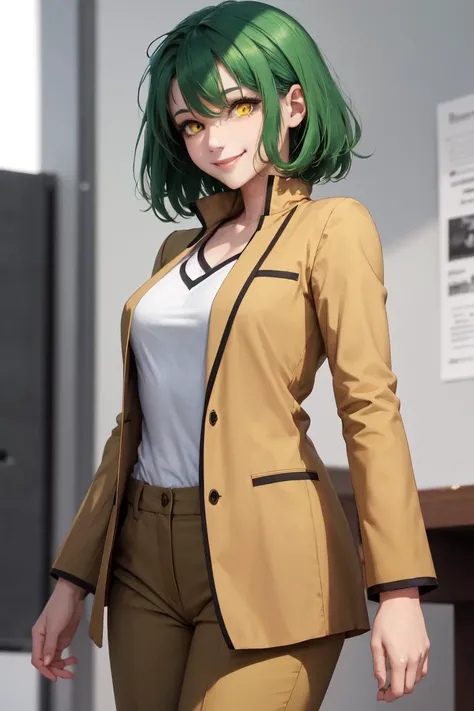 masterpiece, best quality, absurdres, perfect anatomy, 1girl, solo, green hair, medium hair, yellow eyes, smile, HomuraharaMale, brown jacket, brown pants, <lora:HomuraharaUniform:1>