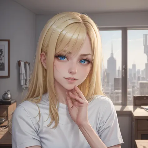 Highly detailed, High Quality, Masterpiece, beautiful, disembodied muscular forearm, StrokingAnothersChin, hand on another's chin, pov, <lora:StrokingAnothersChin:1>, 1girl Maira, solo, smirk, ^_^, blonde hair, long hair, shirt, white shirt, blue eyes <lora:Maria:1.2> <lora:add_detail:.25> <lora:GoodHands-beta2>