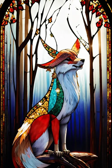 <lora:Stained_Glass_Story-10:1.5> stained_glass, transparent, backlight, trees, ray of lights, <lora:YaeMikoFox:0.5> YaeMikoFox, holding, holding animal, no humans, multiple tails, forest, flowers,