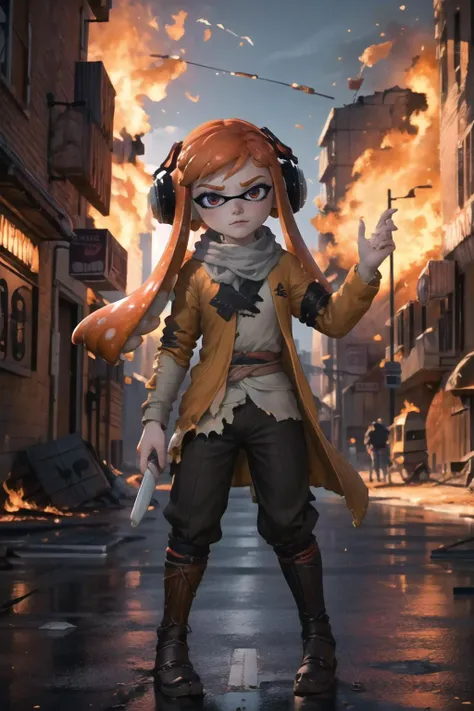 Highly detailed, High Quality, Masterpiece, beautiful, orange hair, splatoon, meggy, inkling, tentacle hair, orange hair, <lora:Char_Meme_Meggie:0.7>, outfit sekiro, <lora:Outfit_Sekiro:1>, fiery background, despairing expression, (ruined city:1.4), fire, sky, stand on street, day, (strong pose:1.4)