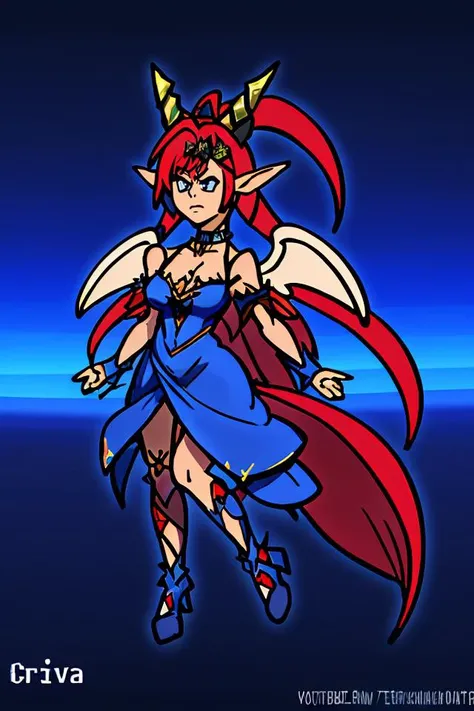 Highly detailed, High Quality, Masterpiece, beautiful, TerminalMontage, <lora:TerminalMontage:1>, edgShiva, JubeiYagyu solo, red hair, beautiful eyes, furrowed brow, elf ears, choker, in a blue dress with wings, ((wearing edgShiva, crown of ice)) <lora:JubeiYagyu-09:.7> <lora:GoodHands-beta2> <lora:edgShiva:0.8>