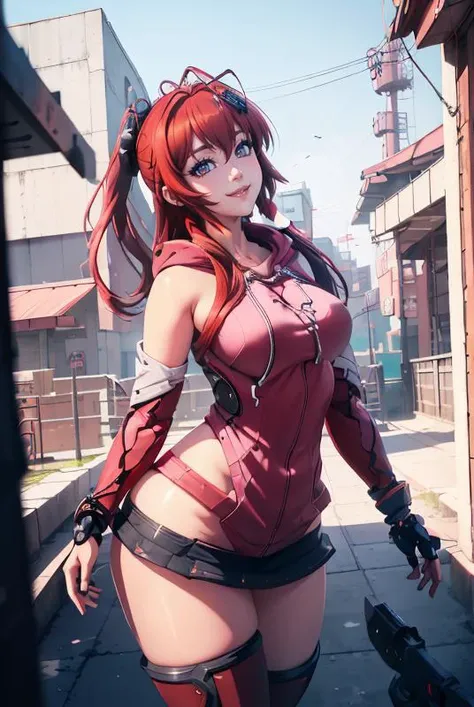 4K, Masterpiece, highres, absurdres,natural volumetric lighting and best shadows, smiling,deep depth of field,soft delicate beautiful attractive, sharp focus,[edgMechagirl:JubeiYagyu:.3] red hair, a woman in a [mecha outfit, futuristic armor|hoodie], wearing ([edgMechaGirl,cyber_armor|(pink, school uniform, hoodie,edgNoire:1.15)]::0.75), cowboy shot, <lora:JubeiYagyu-09:.7> <lora:GoodHands-beta2:1> <lora:edgMechagirl:0.7> <lyco:edgNoireHoodies:0.65>