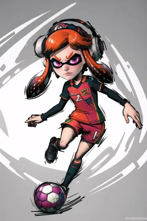 Highly detailed, High Quality, Masterpiece, beautiful, meggy, inkling, tentacle hair, <lora:Char_Meme_Meggie:0.8>, splatoon, Mario Striker Style, angry, <lora:Style_MarioStriker:0.3>, soccer, soccer uniform, orange hair