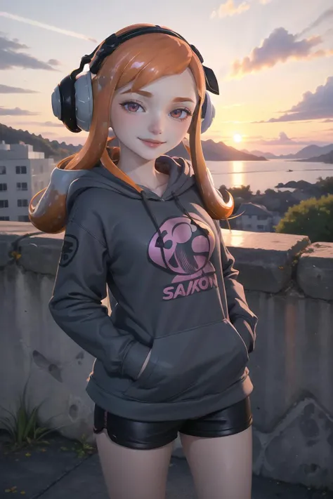 Highly detailed, High Quality, Masterpiece, beautiful, orange hair, splatoon, meggy, inkling, tentacle hair, orange hair, <lora:Char_Meme_Meggie:0.7>, hoodie, wearing [walkure_armor, viking|hoodie], WINGS, viking, hoodie, [woman|walkure], <lora:Outfit_HoodiesValkyrie:0.75>, outdoors, hands in pockets, smile, sunset, wall, flower, (raw photo:1.2), ((photorealistic:1.4)), <lora:Style_DAZ:0.9>