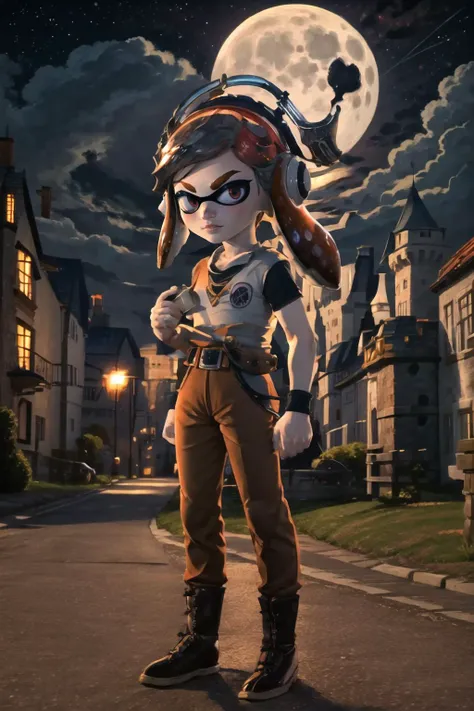 Highly detailed, High Quality, Masterpiece, beautiful, meggy, inkling, tentacle hair, <lora:Char_Meme_Meggie:0.8>, splatoon, TurtleSchoolUniform, dougi, belt, orange pants, blue footwear, <lora:Outfit_TurtleSchoolUniform:0.9>, cloud, moon, Hogwarts, (castle hill:1.4), night sky, stand on street, shooting star