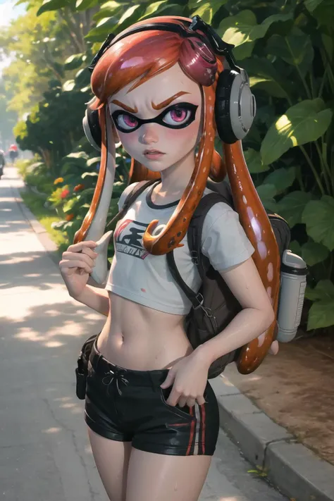 Highly detailed, High Quality, Masterpiece, beautiful, meggy, inkling, tentacle hair, <lora:Char_Meme_Meggie:0.7>, splatoon, jungle, crop top, angry, sweat, exploration, embarrassed, backpack